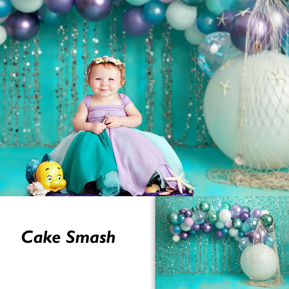 Mermaid Theme Cake Smash Backdrop Newborn Kids 1st Birthday Photo Background Under The Sea Party Balloons Glitter Sliver Props Background Aliexpress