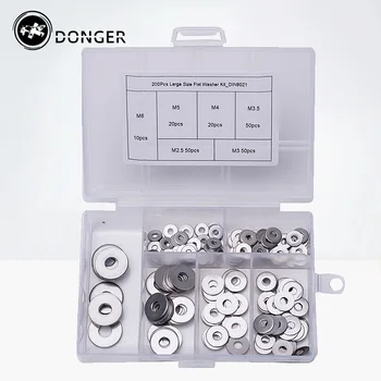 

200Pcs/set M2.5 M3 M3.5 M4 M5 M6 Mix DIN9021 GB96 304/A2-70 Stainless Steel Large Size Flat Washer Assortment Kit HW138