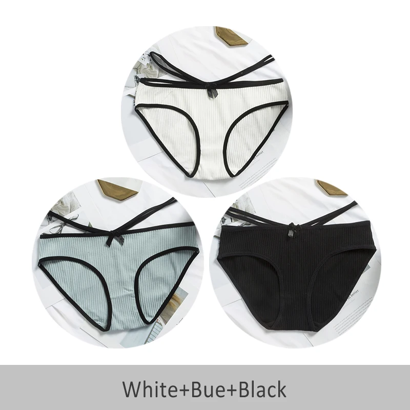 White Blue Black Сексуальные Полосатые одноцветные женские трусики из хлопка с низкой талией, комфортные трусы DULASI 3 шт./лот - Цвет: White Blue Black