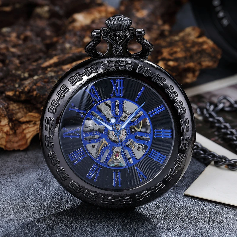 Roman Numeral Simple Mechanical Pocket Watch Luxury Vintage Steampunk Skeleton Fob Chain Clock for Men Women Collection Gift