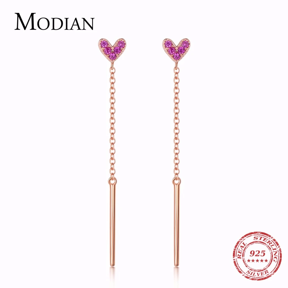 Modian,, 925 пробы, серебряные, красные, CZ, серьги с кисточками, модные, розовое золото, цвет сердца, ювелирное изделие для женщин, серебряные серьги, подарок