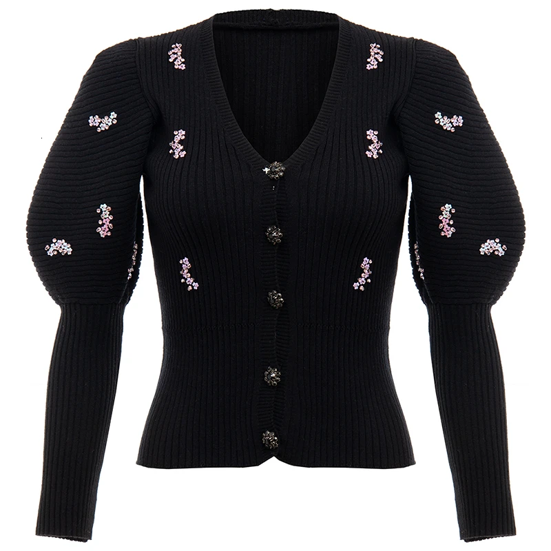 CHICEVER корейский стиль, лоскутные тонкие свитера с блестками для женщин, v-образный вырез, пышные рукава, большие размеры, вязаные кардиганы для женщин, Осень-зима - Цвет: black