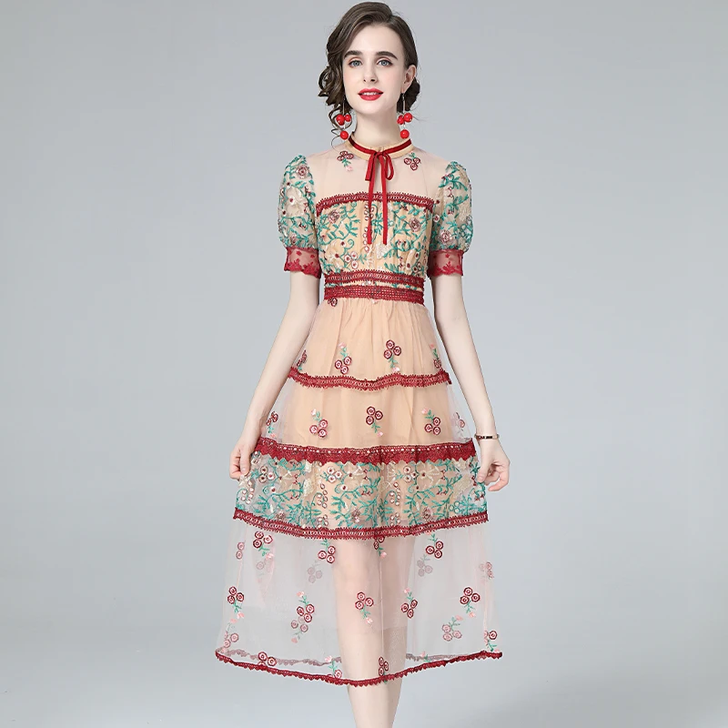 

2022 New Elegant See Through Short Sleeve Mesh Dress Flower Embroidery Stitching Lace Trims High Waist Sweet Bow Dress Vestidos