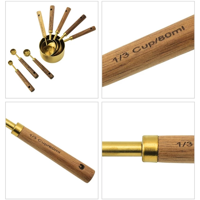 4/8 db Rozsdamentes Acél Mérőkanál Méretarányú Fa Fogantyú Háztartási Konyhai Étkező Bár Sütőszerszámok Mérőpoharak - Image 5