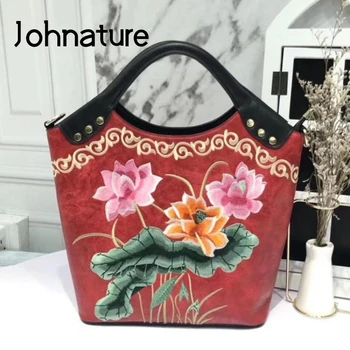 

Johnature Lotus Embroidery Women Bag 2020 New Retro High Quality Leather Luxury Handbag Chinese Style Lady Shoulder Bags