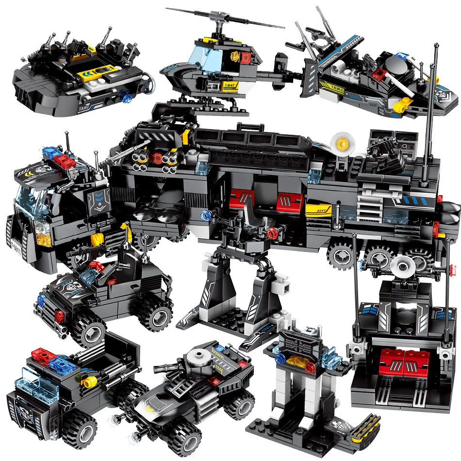 

695pcs 8in1 Military Swat Command Vehicle Building Blocks Legoingly City Police Figures Weapon Trucks Toys For Children gift