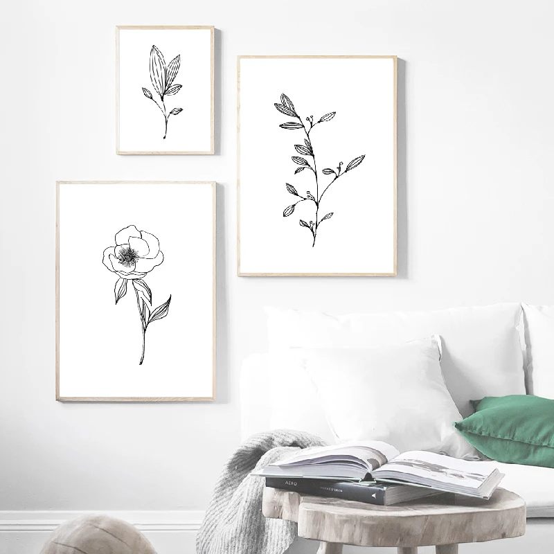 Minimalist Decor Minimal Wall Art Pencil Leaf Drawings Canvas Painting Contour Botanical Prints Black White Picture Poster | Дом и сад