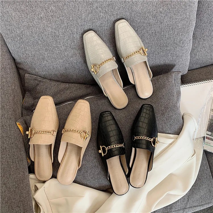 Бренд molan Designers; коллекция года; сезон весна; Новинка; модная Роскошная золотая металлическая цепь; кожаные тапочки на плоской подошве; слипоны; лоферы; шлёпанцы; вьетнамки