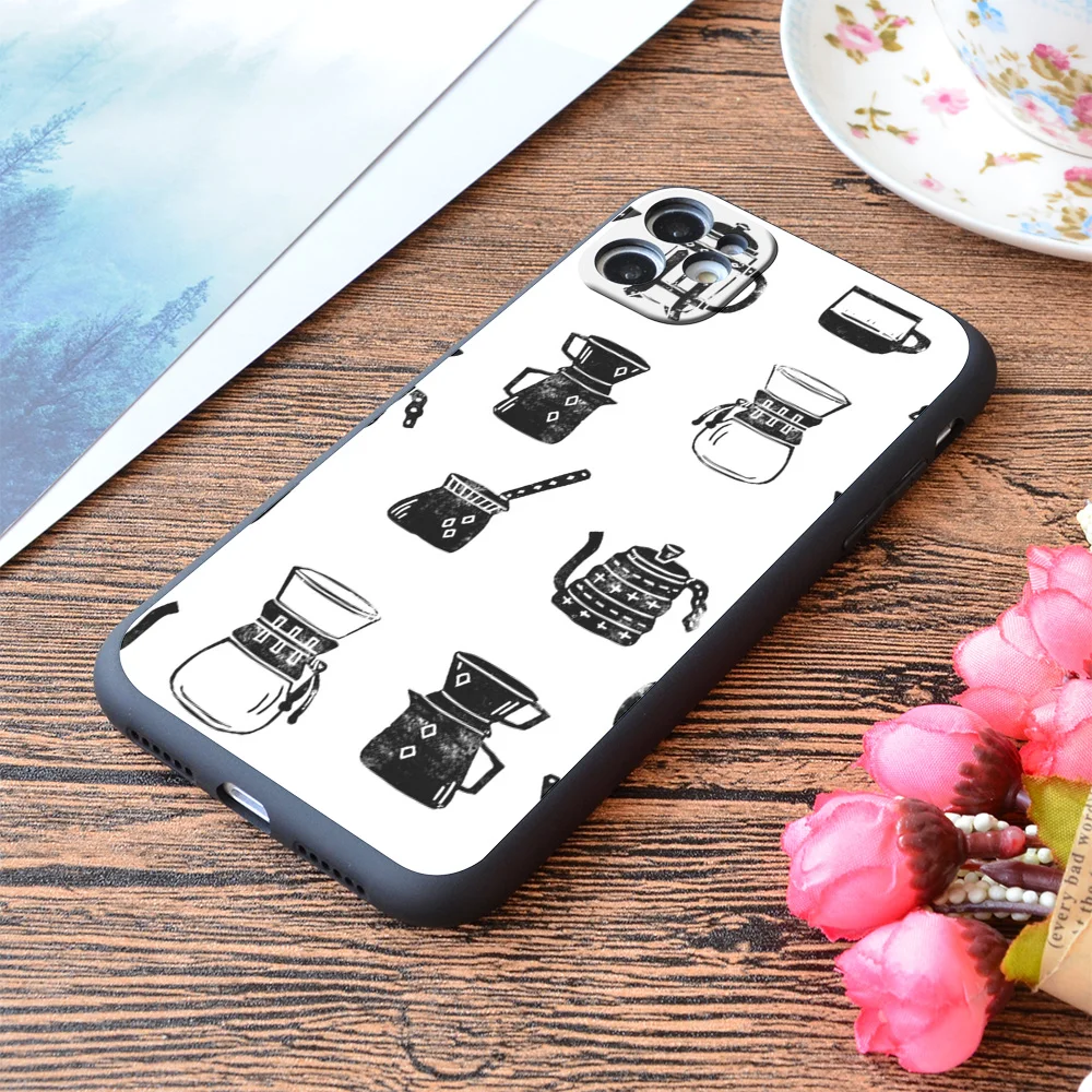 

For iPhone Coffee Makers Espresso Linocut Black And White Minimal Cafe Print Soft Matt Apple iPhone Case