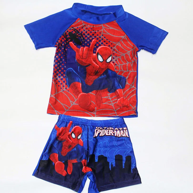 2-11Years Kids Teen Boys Swimwear 2pcs Swim Suit( T Shirt+ Trunk) Beach Swimsuits Sunblock Bathing Suit Superman Spiderman