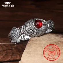 Овальный натуральный красный камень, настоящий 925 пробы, серебряный браслет, черные кристаллы, цветок, винтажный тайский серебряный браслет, ювелирное изделие для женщин