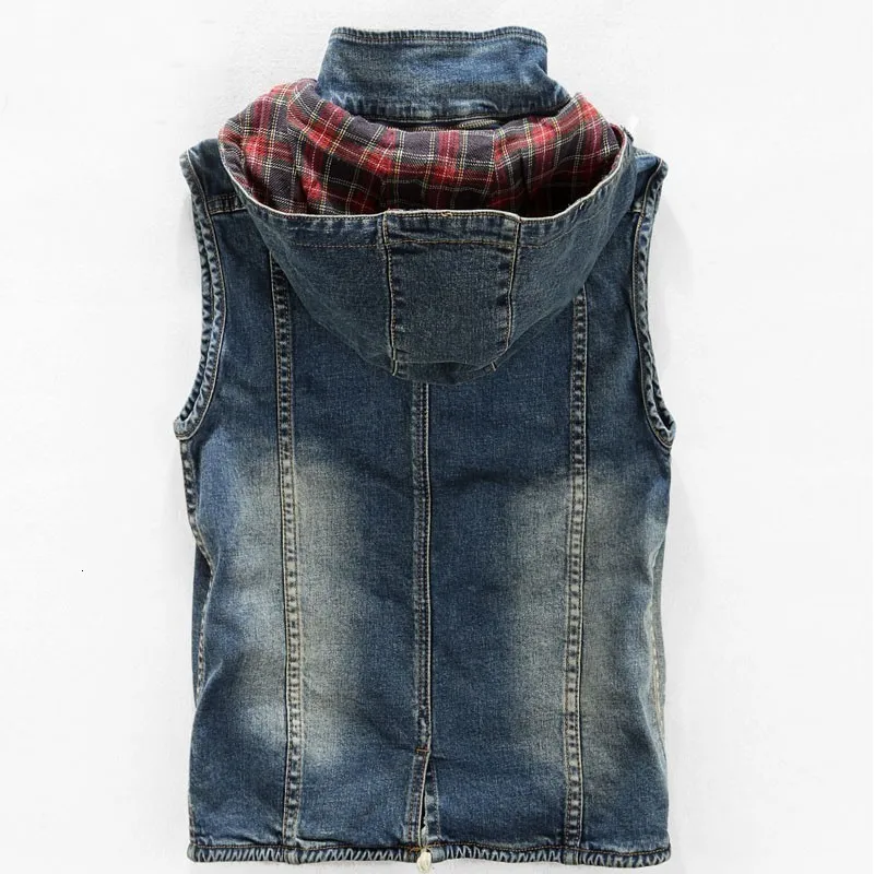 

Mens Sleeveless Jacket Safari Style Hoody Waistcoat Washed Denim Slim Fit Outwear Multi Pockets Gilet Casual Colete Mmasculino
