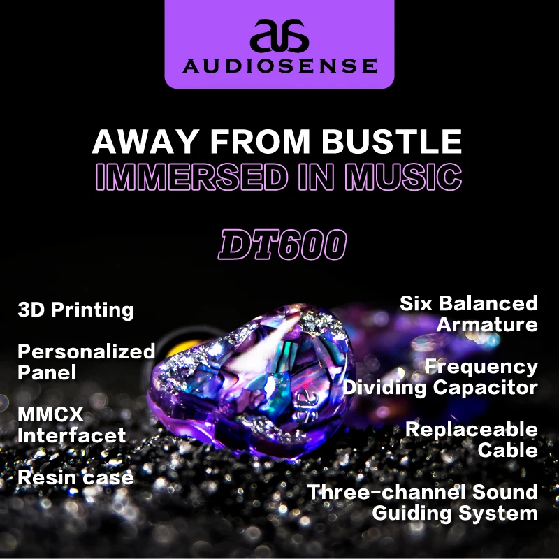 AUDIOSENSE DT600 HiFi Stereo 6BA IEMs with Detachable MMCX Cable 3D Printing Resin Shell Away from Bustle Immersed in Music