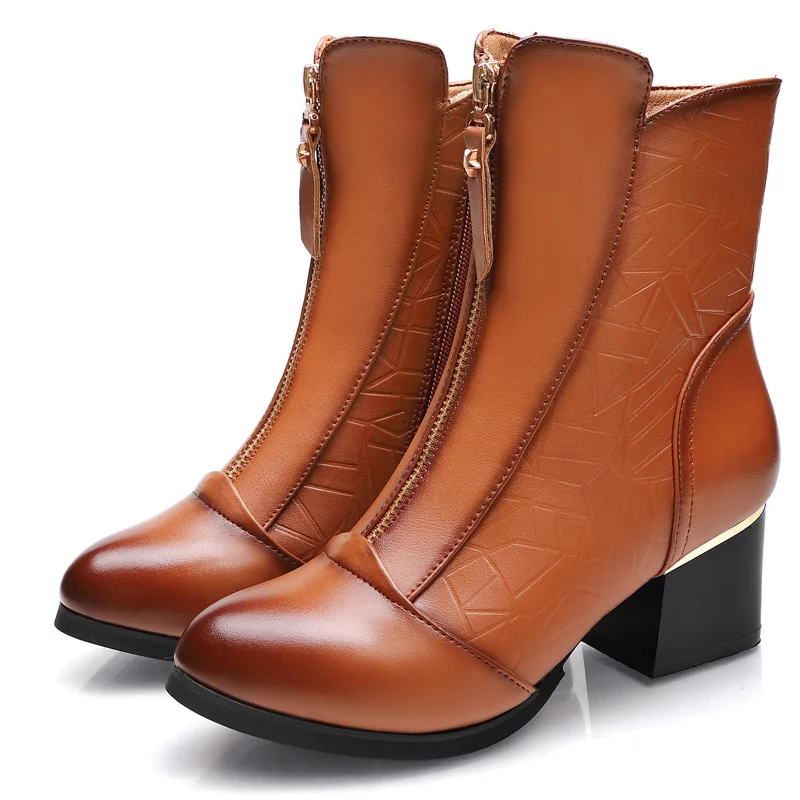 SWONCO Really Leather Boots Women Block Heel Winter Shoes Lady Sexy OL Black Ankle Snow Boots Front Zipper Fashion Shoes - Цвет: Коричневый