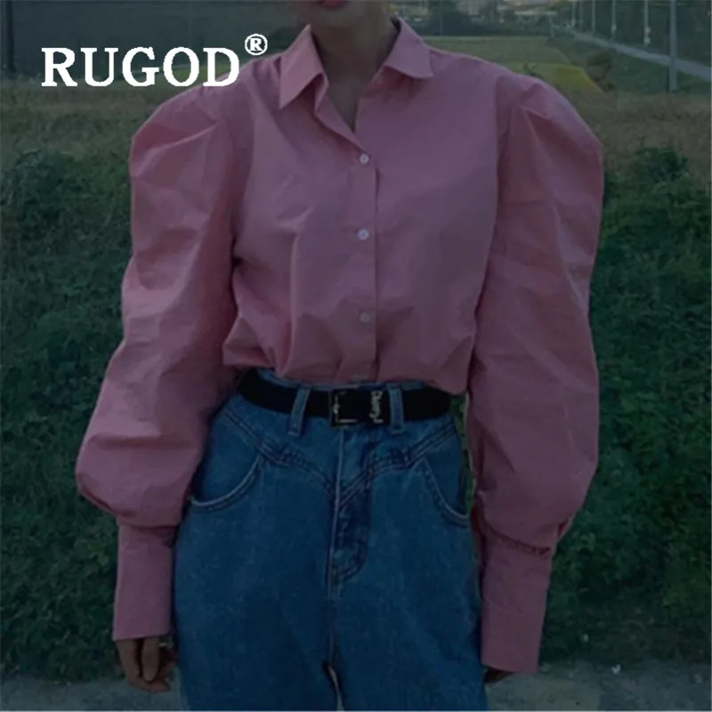 RUGOD розовая блузка Для женщин с пышными рукавами блузки для малышек с длинным рукавом Элегантная однотонная обувь для вечеринок; элегантная топ в Корейском стиле Модные Костюмы женские рубашки Повседневное Simplee