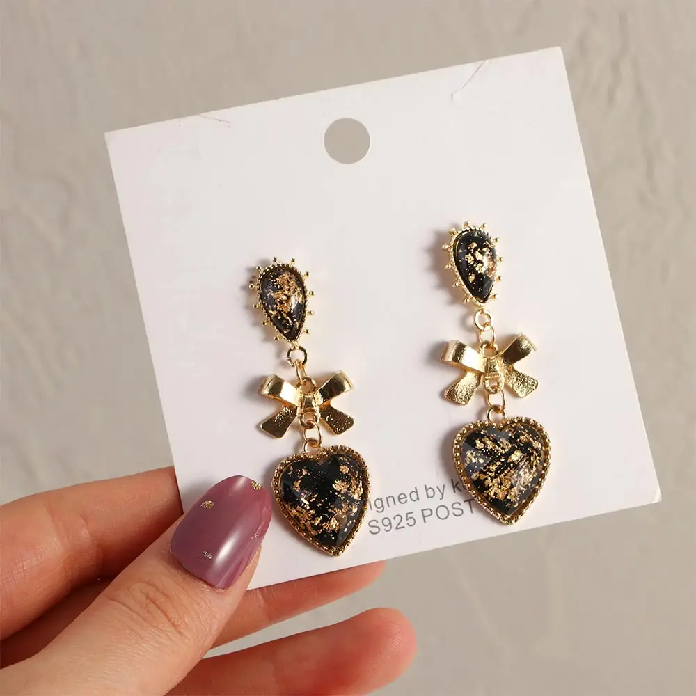 Bowknot Heart Resin Earrings Korean Classic Style Golden Peach Heart Stud Earrings For Woman Jewelry Valentine’s Day present