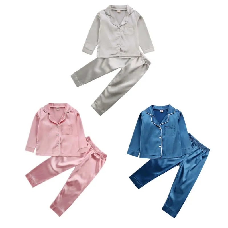  1-7Years Toddler Baby Kids Girls Satin Pajamas Set Long Sleeve Button-Down Sleepwear PJs