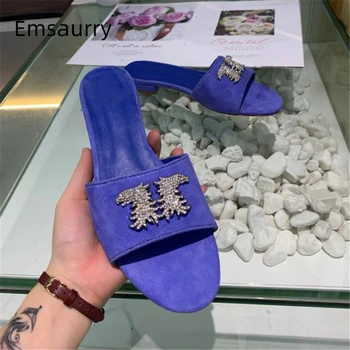 

Luxury Suede Flat Heel Slippers Women New Summer Open Toe Slip-on Mules Crystal Rhinestone Buckle Decor Woman Slippers