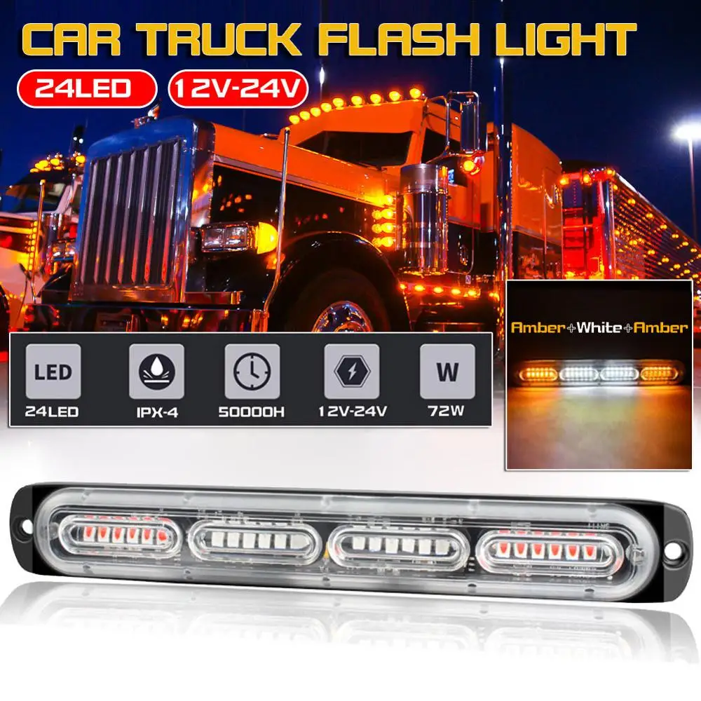 

Car Truck Emergency Beacon Warning Hazard Flash Strobe Turn Light Bar White Amber 2835 24LED DC12-24V 72W