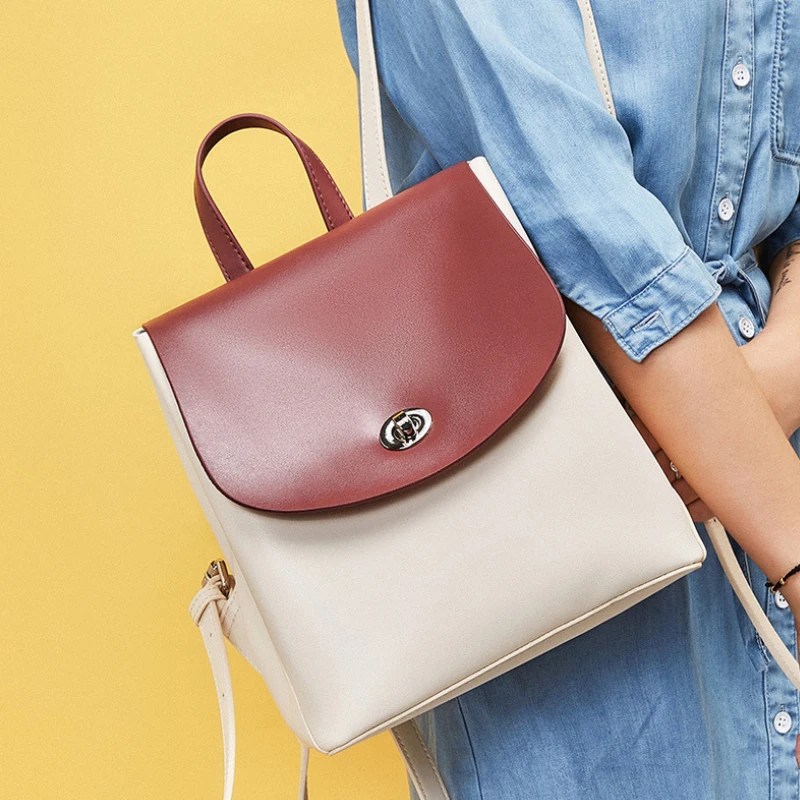 

Luufan 2020 new simple fashion large capacity cowhide contrast color women's backpack genuine leather backpack female bag