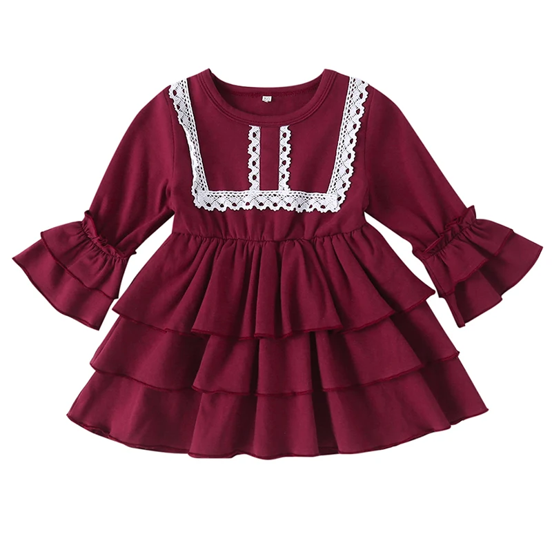 Повседневное осеннее кружевное платье для маленьких девочек, детские Многослойные пышные платья принцессы с длинными рукавами