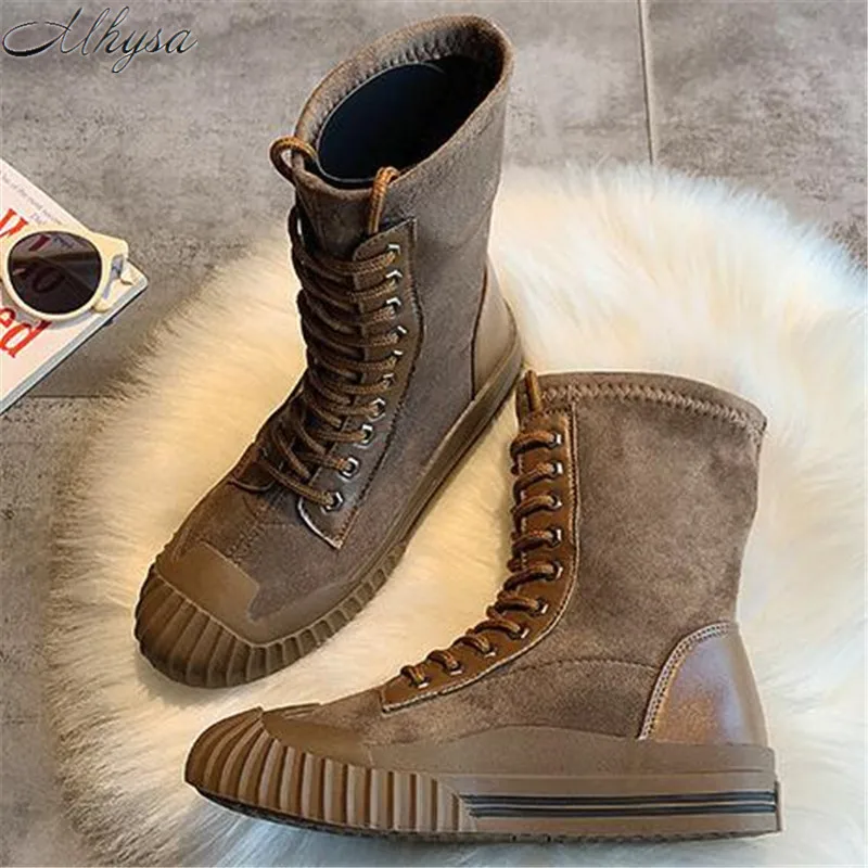 Autumn and Winter New Korean Version of The Belt Elastic Cloth Shell Head Martin Boots Net Red Wild Boots Zapatos De Mujer - Цвет: Khaki