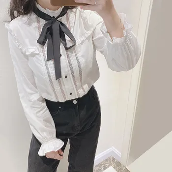 

Women's White Lace Patchwork Cotton Shirt Black Ribbon Wild Retro Fungus Long-Sleeved Slim Office Lady Blouse with Buttons