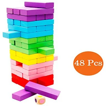 

High quality wooden rainbow colored jangle 48 pieces of building blocks leisure entertainment children's educational toy for kid