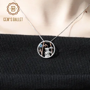 

GEM'S BALLET Natural Swiss Blue Topaz Gemstone Animal Jewelry Real 925 Sterling Silver Rabbit Bamboo Pendant Necklace For Women
