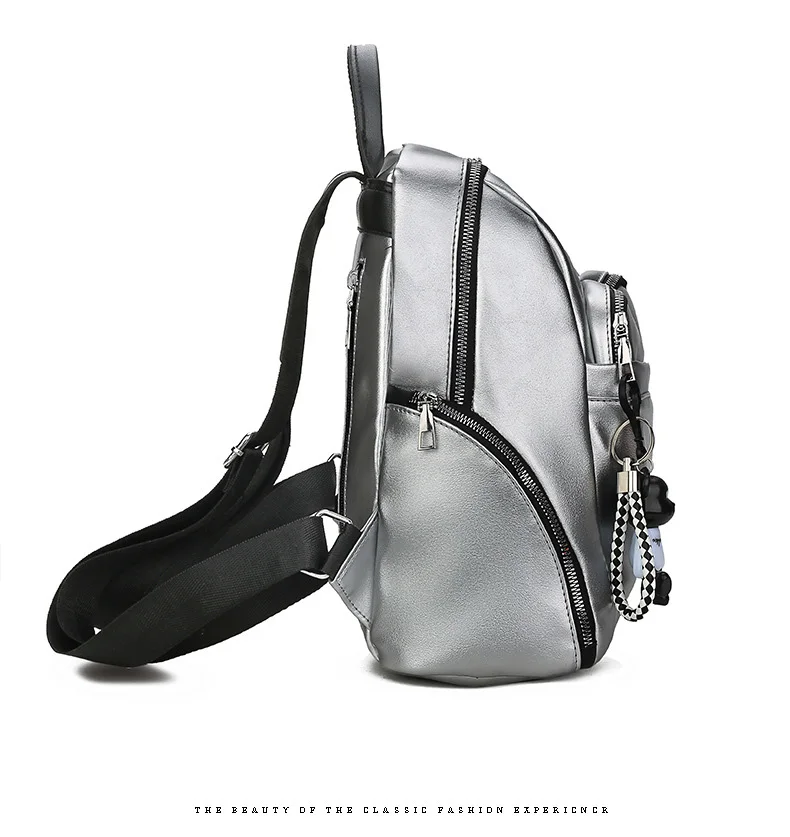2019 Women Waterproof PU Soft Leather Backpack College Girls School Shoulder Bag Small Black Silver Multi Pocket Travel Rucksack (10)