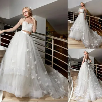 

Unique Two Pieces Pleat Spaghetti Straps Tulle A-line Wedding Dress with Butterfly Lace-up Layer Bridal Dress Bow Back