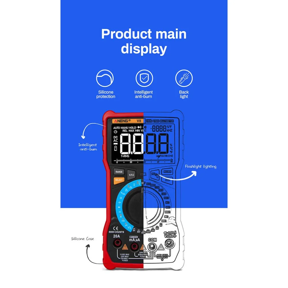 Aneng V8 интеллигентая(ый) Высокоточный мульти-Функция Цифровой мультиметр Anti-Burn цифровой Дисплей универсальный стол