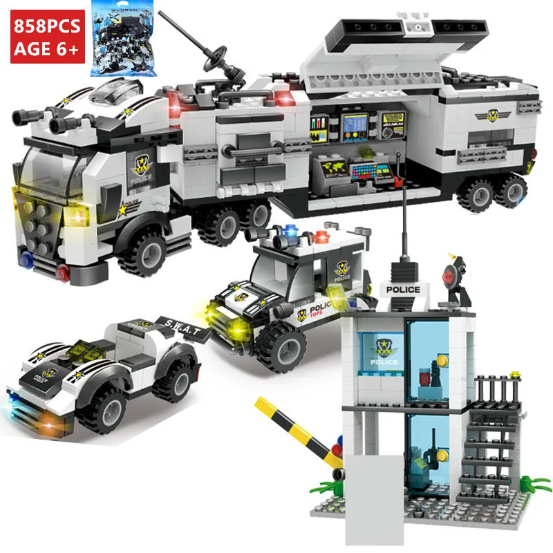 

858Pcs City SWAT Police Command Vehicle Truck Technic Building Blocks Bricks Playmobil LegoINGs Toys for Children Christmas Gift