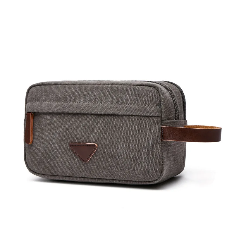 Portable Washed Canvas Double Zipper Cosmetic Bag Makeup Case Travel Organizer - Цвет: Серый