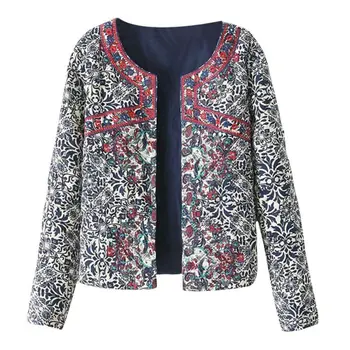 

Female Embroidered Coat For autumn Women Embroidery Slim Jackets tops Retro Print Blue White Round Neck Full Sleeve Jacket