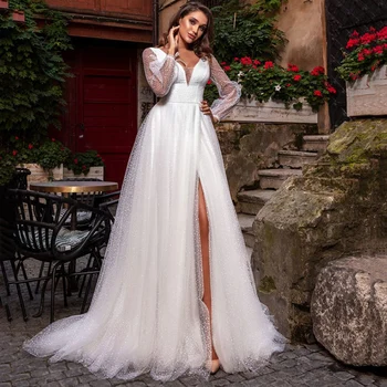 

Eightree Long Sleeves A Line Wedding Dresses Dot Tulle V Neck Wedding Gowns Sexy High Side Split Backless Boho Bride Dress