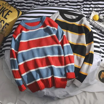 

Warm Sweater Men Striped Simple All Match O-neck Plus Size Winter Clothes Mens Sweaters Korean Fashion Casual Pullovers Soft