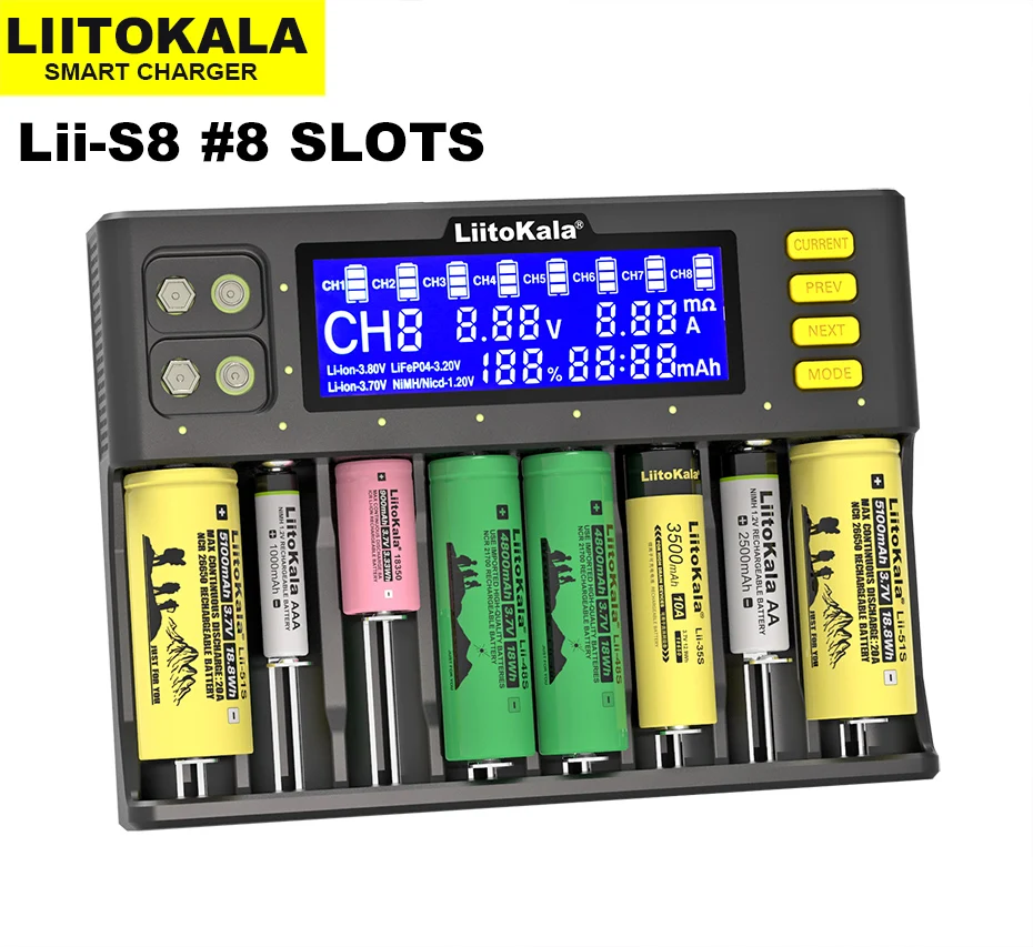 LiitoKala Lii-S8 LCD Battery Charger Li-ion 3.7V NiMH 1.2V Li-FePO4 3.2V IMR 3.8V for 18650 26650 21700 26700 18350 AA AAA 9V