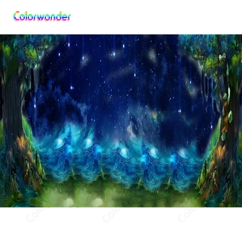 

Fairy Tale Night Backdrop Photography Magic Trees with Humans Blue Ocean Starry Sky with Twinkle Stars Background for Photoshoot