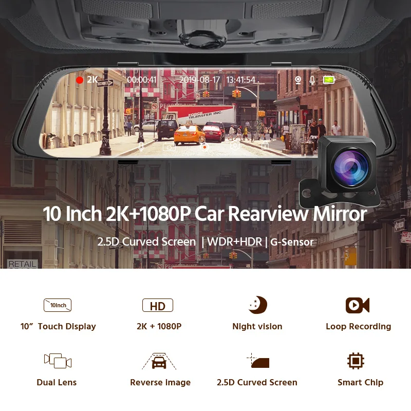 E-ACE Car Dvr FHD 1080P Stream Media RearView Mirror 2K Night Vision Video Recorder Registrator Wit