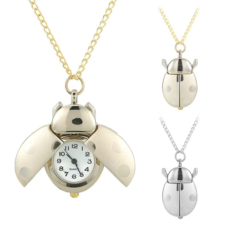 

Silver/Gold Ladybug Beetle Pocket Watch Vintage Metal Chain Necklace Pendant Quartz Fob Pocket Watch Men Women Birthday Gift