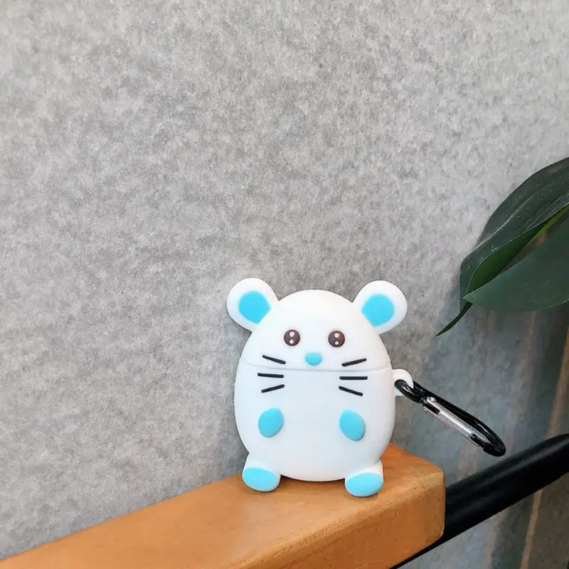 Cute Mouse Pattern Protective Case Silicone Cover with Carabiner for Airpods 1/2 for smart watch