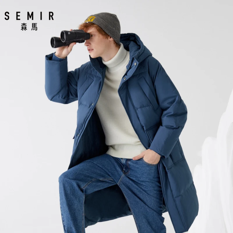 SEMIR, мужской пуховик, свободный,, зима, новая Корейская версия, длинное пальто, повседневное, с капюшоном, толстое, утиный пух, пальто