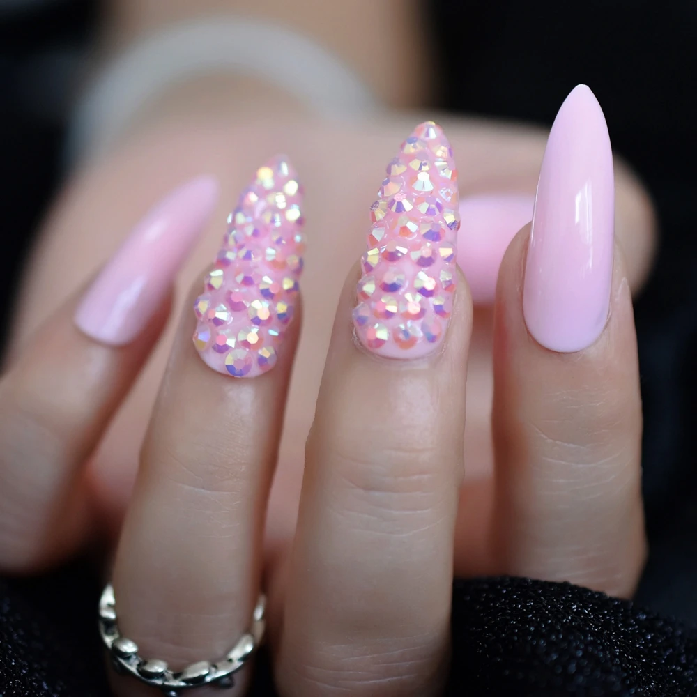 Длинные розовые стразы 3D Поддельные Кончики ногтей сверкающие стилеты блестящие полное покрытие накладные ногти Великолепные Длинные Острые кончики для ногтей