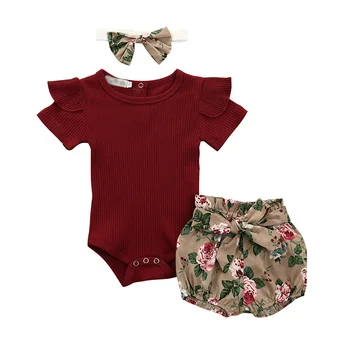 

Baby Clothing Summer Infant Newborn Baby Girl Ruffled Ribbed Bodysuit Floral Shorts Headband 3Pcs Set1