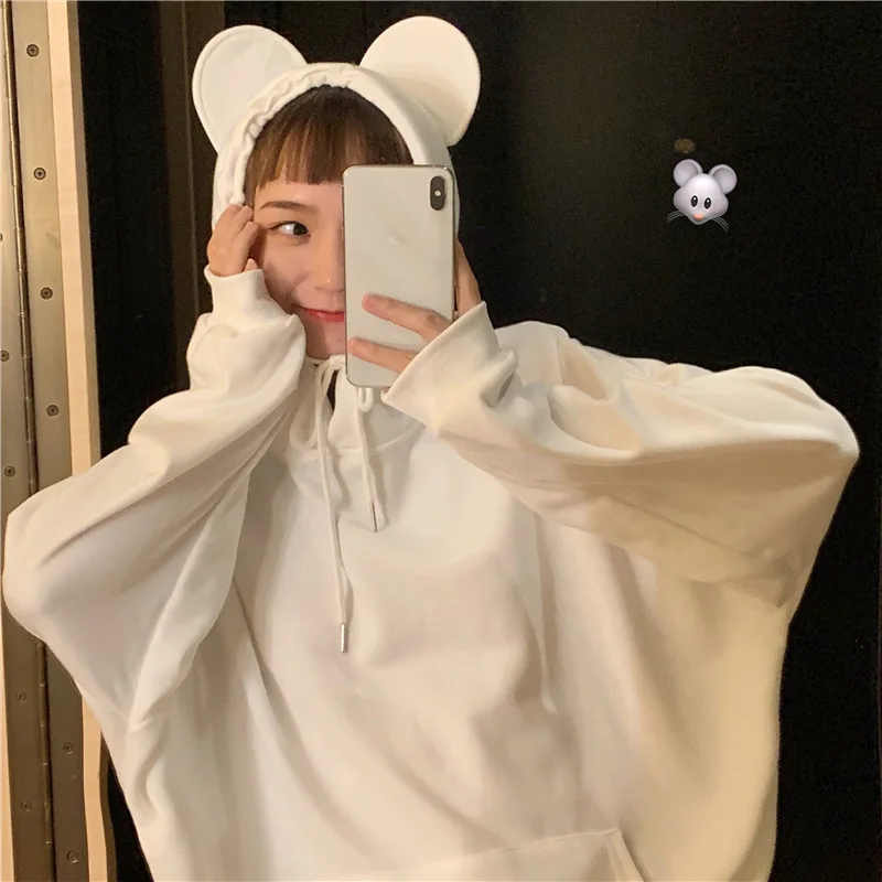 Белый Ins Harajuku Толстовка большого размера свободная толстовка с капюшоном одежда дропшиппинг альбом ухо куртка панка Винтажная футболка Лучшие Друзья kpop bf - Цвет: Белый