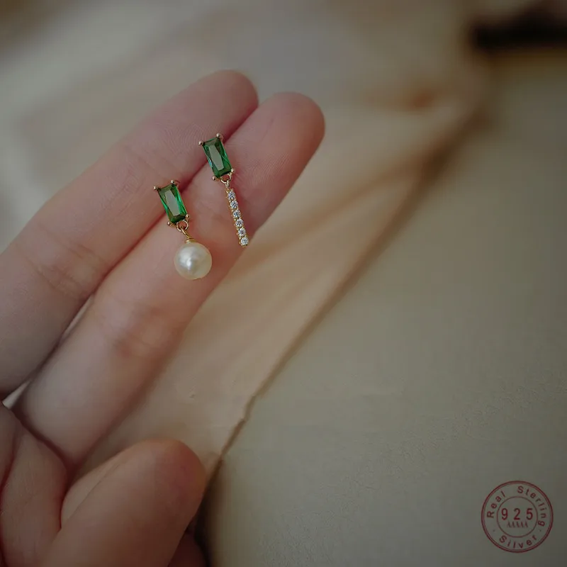 Silver earrings pearl earrings womens earrings 925 Sterling Silver French Simple Emerald Pearl Earrings Women Light Luxury Temperament Wedding Jewelry Girlfriend Gift