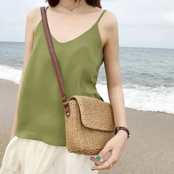 

Beige Brown Ladies Shoulder Handmade Exquisite Straw Bag Mini Woven Flip Sweet Pastoral Girls Bag