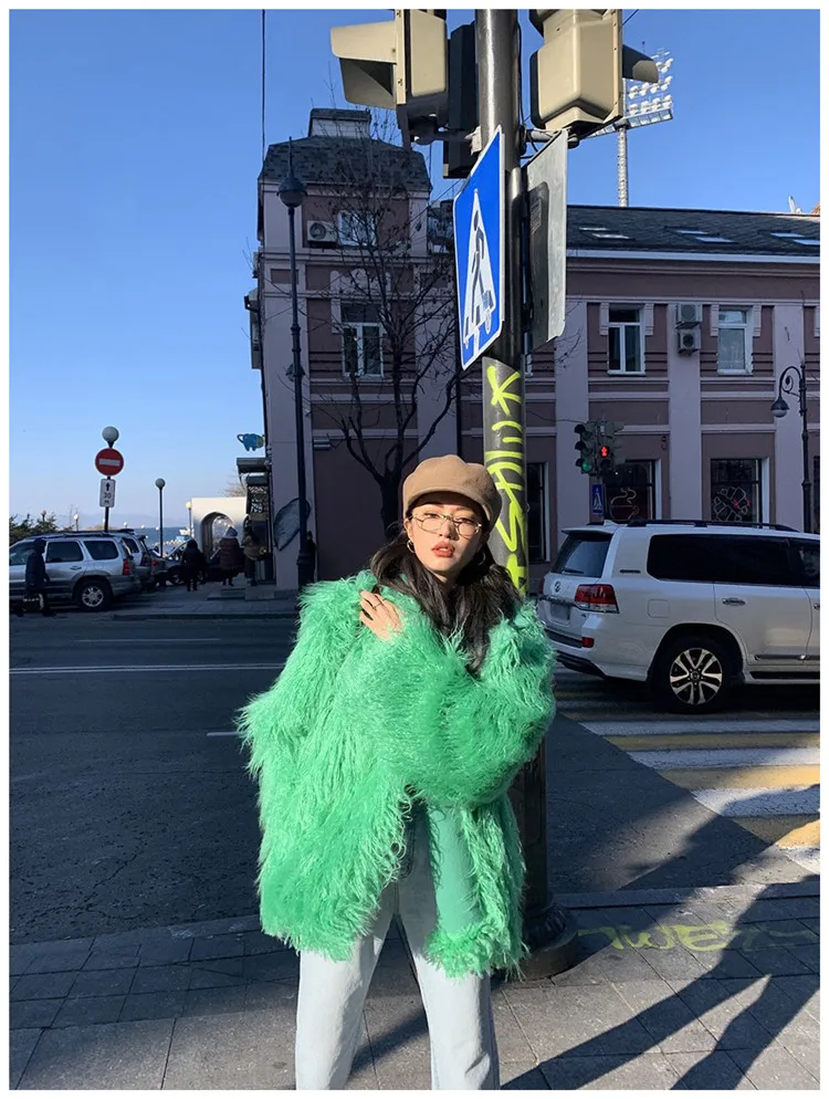 WHITNEY WANG осенне-зимняя модная уличная куртка из искусственного монгольский мех Женская зимняя теплая верхняя одежда fourrure femme