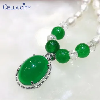 

Cellacity Vintage Silver 925 Jewelry Pearl Necklace for Women Gemstones Geometry Red Green Agate Pendant Temperament Female Gift